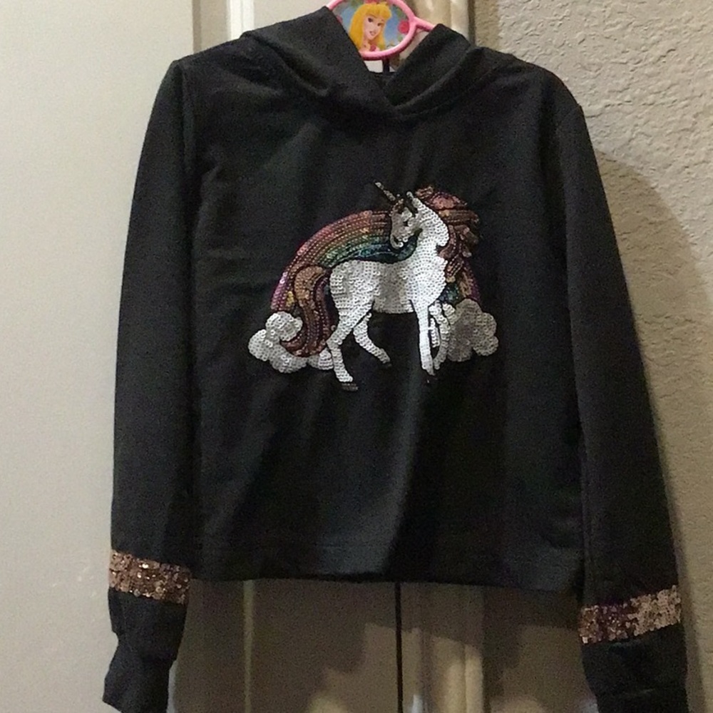 WISHFUL PARK Lil Girls Sz M (8) Grey w/Sequined Unicorn Hoodie PreOwned